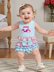 Toddler Girl Summer Outfit Golf Cart Embroidery Stripe Print Round Neck Tank Tops With Tiered Ruffled Shorts 2Pcs Set - Blue - View 2