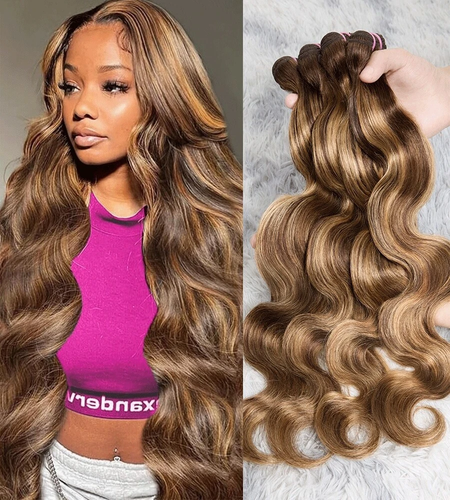 CEXXY Highlight Brown Body Wave Bundles Human Hair 18 20 22 24 Inch 4 Bundles Ombre Blonde Bundles Human Hair Extensions Natural Brazilian Virgin Unprocessed Human Hair - 間色 - 查看 1