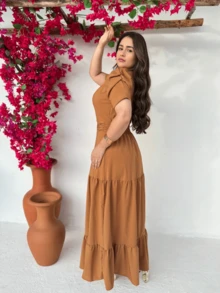 Long Loose Party Dress With Short Sleeves And V-Neckline - Camel - View 4