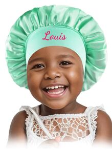 Casquette de sommeil en satin pour enfants avec texte personnalisable, casquette ronde en faux soie à large bord élastique de couleur unie, couleurs bonbon mignonnes, foulard de tête multifonctionnel pour bébé, ornemental, lettrage, élégant, moderne, coloré, mignon, adorable, décontracté, personnalisé, cadeau idéal pour lui, cadeau idéal pour elle