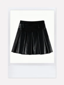 春夏Y2K音乐节女士金属PU百褶裙套裙黑色皮裙百搭时尚腰带长腿