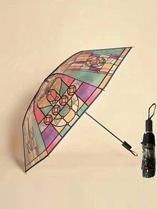 1pc Vintage Window Glass Transparent Foldable Umbrella, Waterproof & Decorative Rain Umbrella