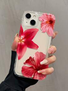1pc Shockproof TPU Partial Red Flower Graphic Full Coverage Phone Case Compatible With Apple IPhone 16/15/14/13/12/11 Pro Max, Series