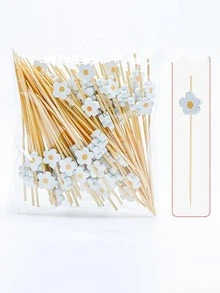 100pcs Sweet Daisy Theme Disposable Food Picks Flower Dessert Fruit Forks - Wooden Toothpick Sticks, Perfect For Drinks, Desserts, Appetizers, Fruit & Dessert Decorations, Party, Wedding, White Faux Pearl Mini Food Picks For Decoration, Kitchen, Summer Parties - Durable, Fun Drink Accessories - Multicolor - View 2