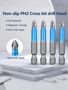6件套磁性螺丝刀头 - 防滑 PH1 PZ1 PH2 PZ2 PH3 PZ3，50mm长，带齿 - 1/4英寸六角柄单头，适用于电动螺丝刀钻