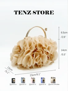 Apricot Floral Petal Handbag, Chiffon Ruffle Floral Decor, Gold Handle And Shoulder Strap, Large Capacity For Phone, Lipstick, Suitable For Wedding Guest, Party, Gala, Dinner Date, Cocktail, Graduation Ceremony And Formal Occasions - Apricot - View 4