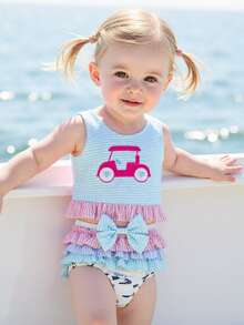 Toddler Girl Summer Outfit Golf Cart Embroidery Stripe Print Round Neck Tank Tops With Tiered Ruffled Shorts 2Pcs Set - Blue - View 4