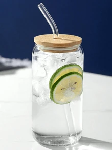 1 High Borosilicate Glass Water Cup With Straw And Wooden Lid-Tumbler For Iced Coffee, Juice, Beer And Tea. High Borosilicate Glass Household Cup With Lid And Straw, Creative Cola Cup And Juice Milk Cup