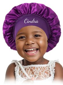 Casquette de sommeil en satin pour enfants avec texte personnalisable, casquette ronde en faux soie à large bord élastique de couleur unie, couleurs bonbon mignonnes, foulard de tête multifonctionnel pour bébé, ornemental, lettrage, élégant, moderne, coloré, mignon, adorable, décontracté, personnalisé, cadeau idéal pour lui, cadeau idéal pour elle