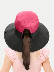 1 件儿童马尾辫太阳帽宽边防紫外线适合 3-8 岁女孩沙滩渔夫帽