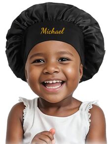 Casquette de sommeil en satin pour enfants avec texte personnalisable, casquette ronde en faux soie à large bord élastique de couleur unie, couleurs bonbon mignonnes, foulard de tête multifonctionnel pour bébé, ornemental, lettrage, élégant, moderne, coloré, mignon, adorable, décontracté, personnalisé, cadeau idéal pour lui, cadeau idéal pour elle