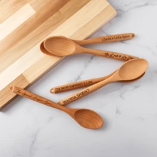 Custom Engraved Wooden Cooking Spoon Set - Personalized Kitchen Gift For Wedding/Anniversary, Heart-Shaped Bowl Handmade Spatula With Date Engraving, Unique Bridesmaid Proposal Gift Idea - Wood Color - View 3