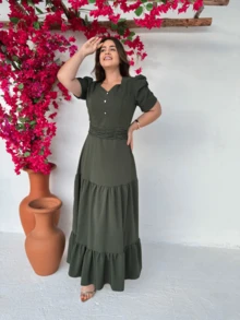 Long Loose Party Dress With Short Sleeves And V-Neckline - Army Green - View 1