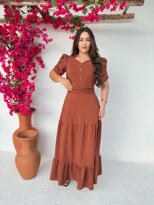 Long Loose Party Dress With Short Sleeves And V-Neckline - Rust Brown - View 4
