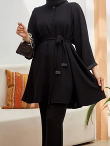 European & Style Solid Color Velvet Band Elegant Turkish Design Women Long Sleeve Kaftan & 3/4 Pants Set With Belt & Scarf (Hijab), Modest