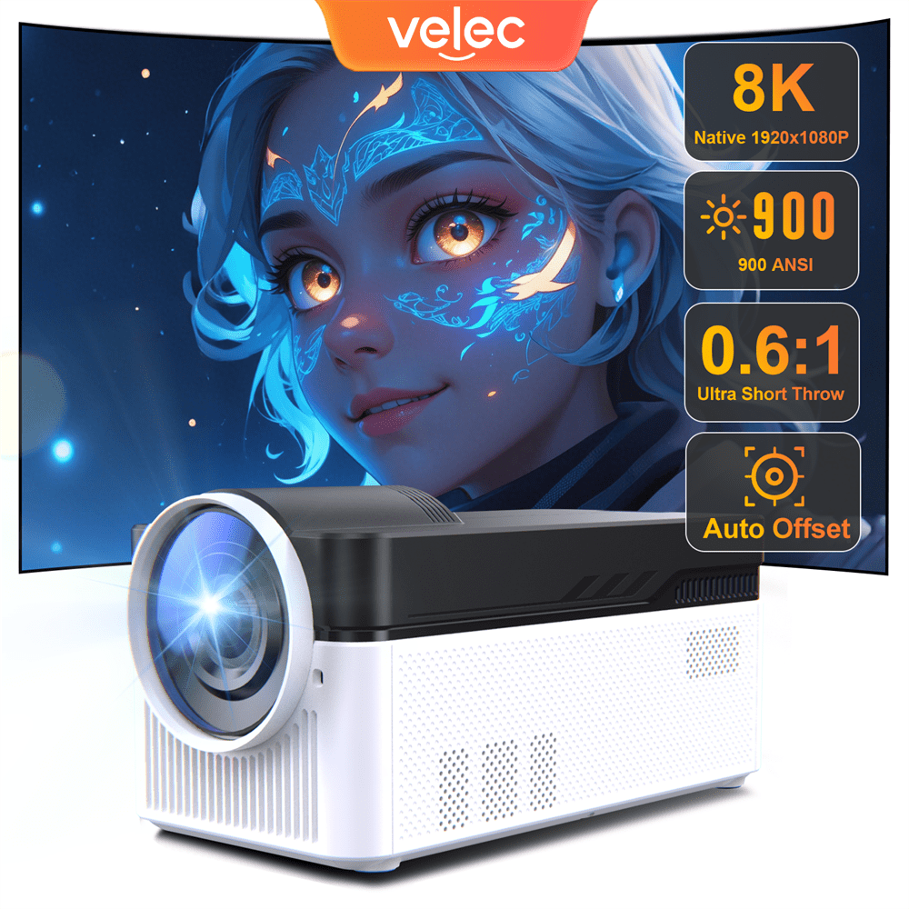 VELEC Proiettore intelligente a tiro ultra corto VELEC HY450, supporto 1080P 4K 8K, con WiFi6 e BT 5.4, proiettore con offset automatico, videoproiettore con correzione automatica per home theater/uso all'aperto