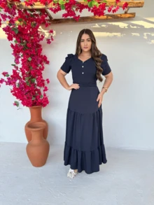 Long Loose Party Dress With Short Sleeves And V-Neckline - 藏蓝色 - 查看 1