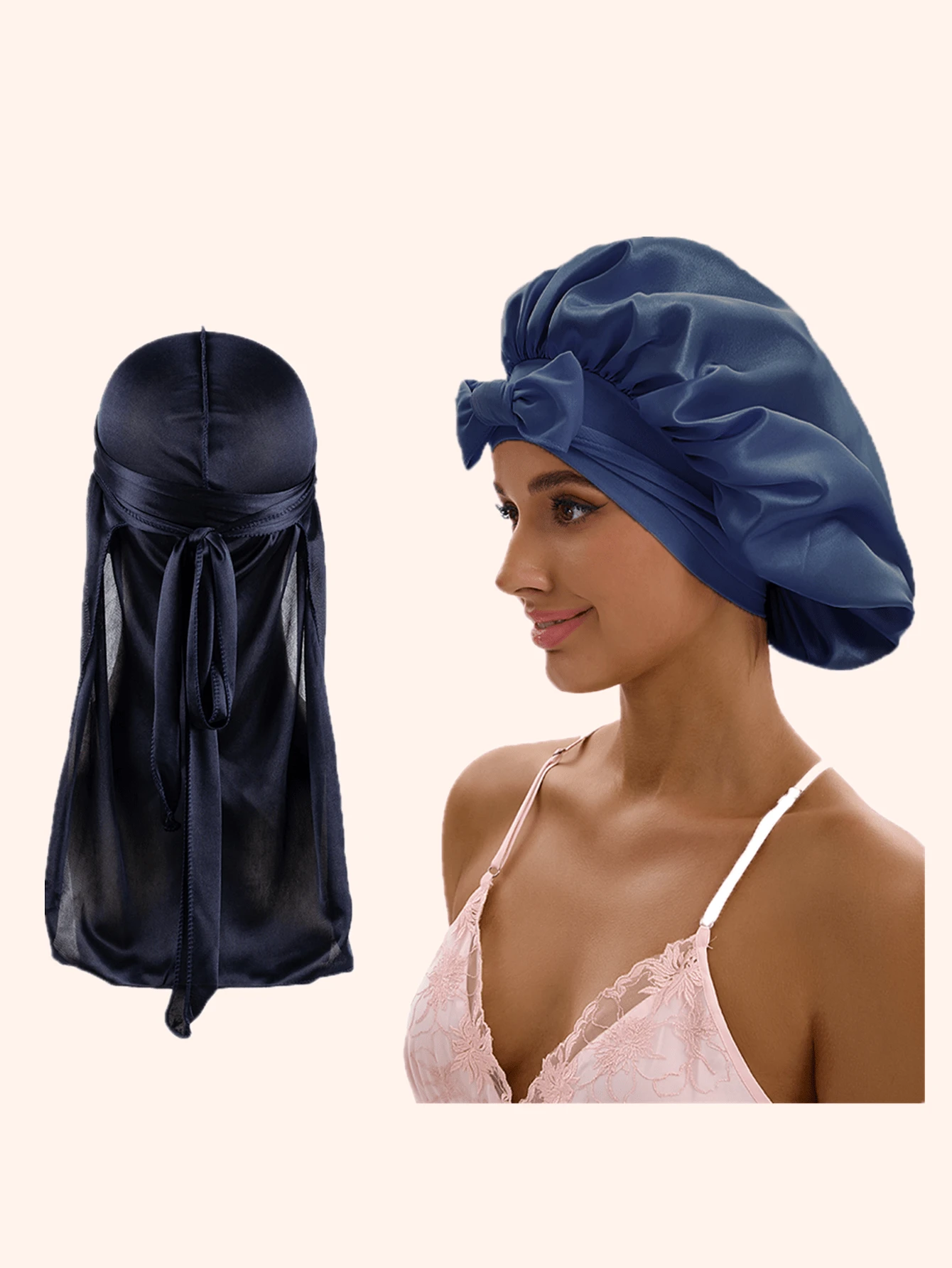 Bonetă din satin, bonetă de mătase pentru dormit, set Durag și bonete asortate cu bonetă cu bandă de cravată pentru păr creț, împletituri, bonetă de somn - Multicolor - Vizualizare 1