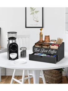 1 pieza Organizador de barra de café de madera rústica, soporte para cápsulas de café de encimera, caja de almacenamiento de sobremesa para café y condimentos de té, accesorio de granja para café, decoración de bar, organización y almacenamiento del hogar, decoración de habitación