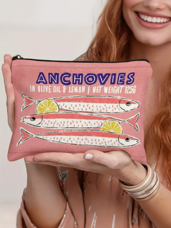 复古沙丁鱼化妆包、橄榄油和柠檬设计、男女通用成人涤纶迷你化妆包、防过敏拉链洗漱包、粉色拉链化妆包、多功能零食、文具或礼物、锡鱼印花配件手拿包、女孩女士化妆包、化妆包、旅行、上学和通勤洗漱包、男女通用成人便携式收纳包