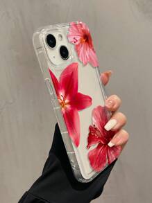 1pc Shockproof TPU Partial Red Flower Graphic Full Coverage Phone Case Compatible With Apple IPhone 16/15/14/13/12/11 Pro Max, Series