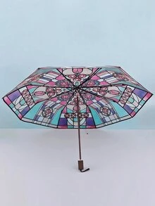 1pc Vintage Window Glass Transparent Foldable Umbrella, Waterproof & Decorative Rain Umbrella