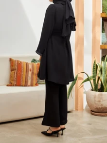 European & Style Solid Color Velvet Band Elegant Turkish Design Women Long Sleeve Kaftan & 3/4 Pants Set With Belt & Scarf (Hijab), Modest