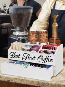 1 pieza Organizador de barra de café de madera rústica, soporte para cápsulas de café de encimera, caja de almacenamiento de sobremesa para café y condimentos de té, accesorio de granja para café, decoración de bar, organización y almacenamiento del hogar, decoración de habitación