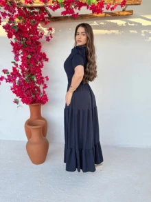 Long Loose Party Dress With Short Sleeves And V-Neckline - 藏蓝色 - 查看 3
