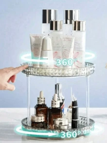 Organizador de maquiagem giratório 360° com 2 níveis para bancada de penteadeira, ideal para guardar maquiagem, perfumes e joias. Possui alta capacidade para organizar cosméticos, produtos de cuidados com a pele e perfumes, além de ser perfeito para penteadeiras e banheiros. (Transparente e branco) - Multicolorido - Ver 6