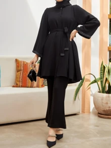 European & Style Solid Color Velvet Band Elegant Turkish Design Women Long Sleeve Kaftan & 3/4 Pants Set With Belt & Scarf (Hijab), Modest