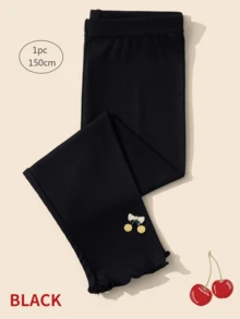 4 件/1 件女童纯色竖条纹七分紧身裤，带小樱桃装饰，透气弹力紧身裤，儿童七分裤，适合儿童夏季日常穿着