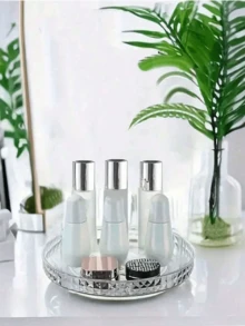 Organizador de maquiagem giratório 360° com 2 níveis para bancada de penteadeira, ideal para guardar maquiagem, perfumes e joias. Possui alta capacidade para organizar cosméticos, produtos de cuidados com a pele e perfumes, além de ser perfeito para penteadeiras e banheiros. (Transparente e branco) - Multicolorido - Ver 13