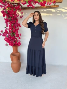 Long Loose Party Dress With Short Sleeves And V-Neckline - 藏蓝色 - 查看 2
