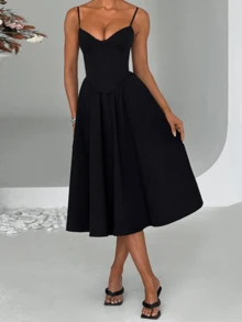 WOWDARK Summer Dress, Black Elegant Minimalist Belted Spaghetti Strap A-Line Dress For Women, Fashionable For Valentine's Day, Dates, Parties, Gatherings - Black - View 7