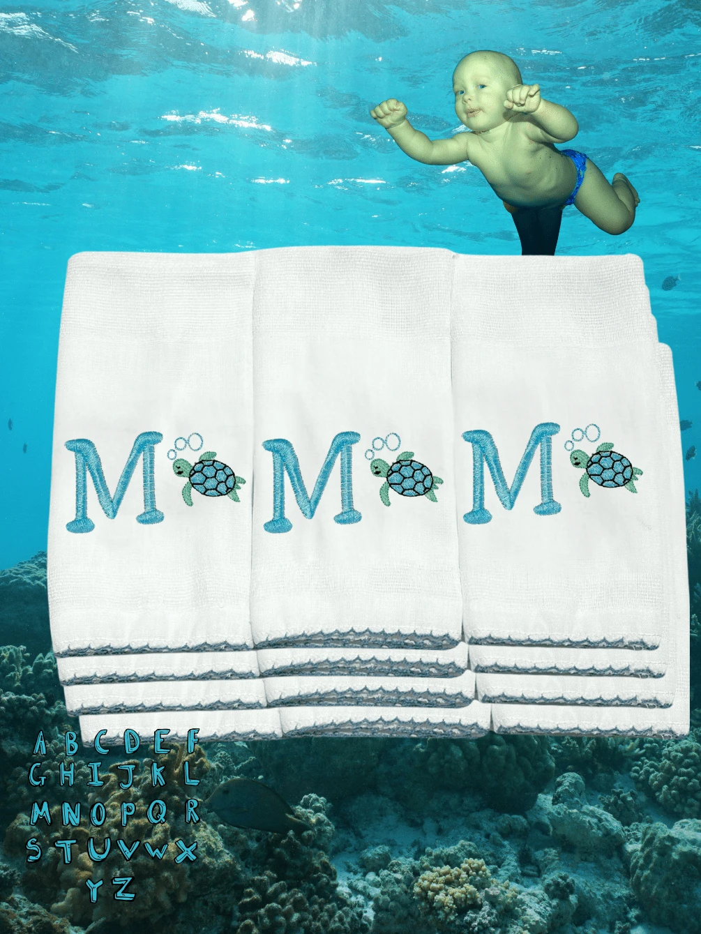 Kit 12 Personalized Diaper Mouth With Initial Of Baby Boy Girl's Name Hypoallergenic Embroidery 100% Cotton - Đại dương - Xem 1