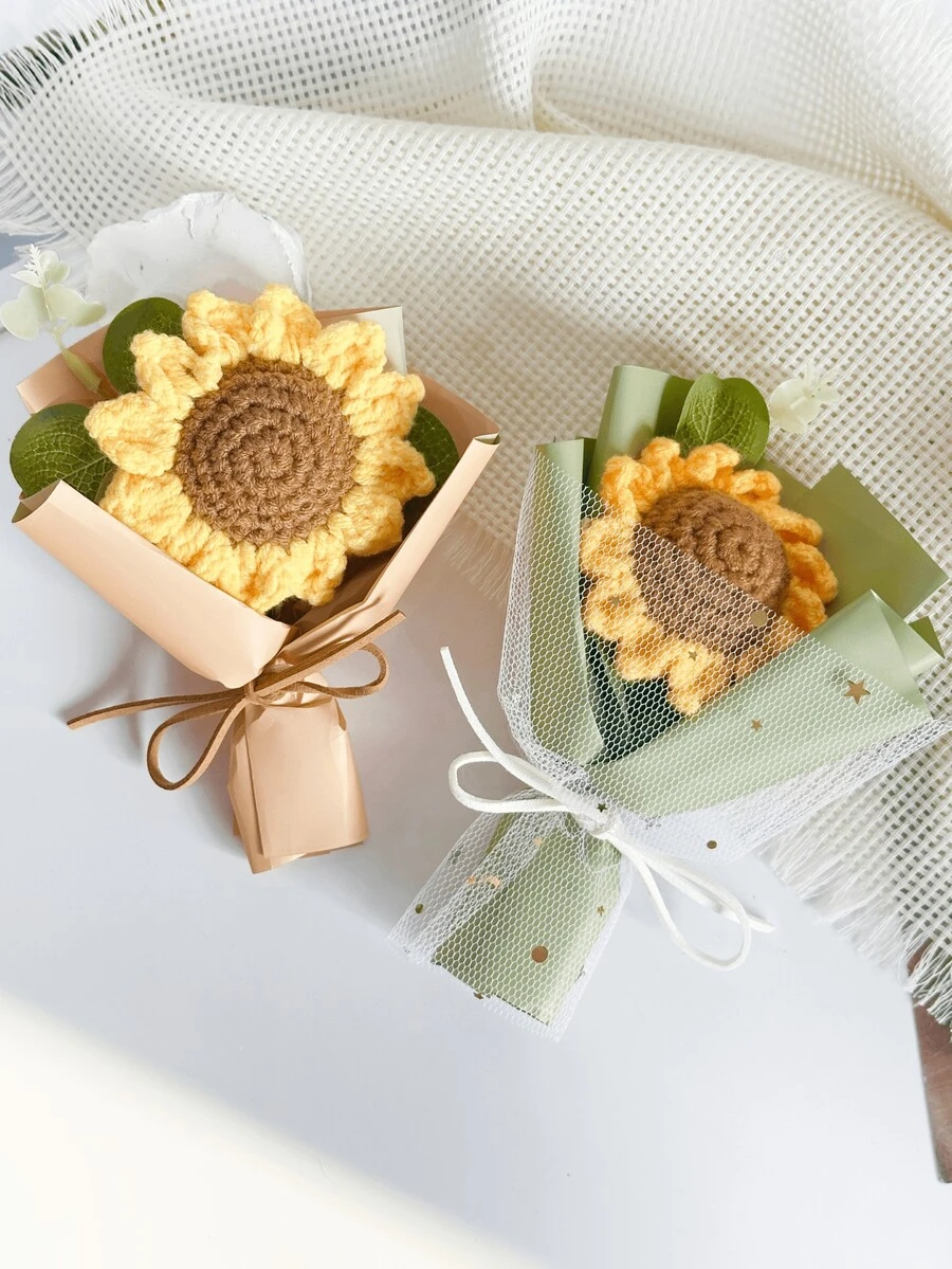 Ramo de flores artificiales tejido a mano con hilo, incluye flores artificiales de tela y tejidas, viene con papel de regalo, girasol, adecuado como regalo de cumpleaños o aniversario para mamá, novia, amiga, también es excelente para el Día de la Madre, San Valentín, recuerdo de boda, decoración de fiesta festiva, hogar y mesa de comedor, regalo de Navidad, decoración del hogar para el dormitorio, baño, escritorio de oficina, regalo de cumpleaños o fiesta para mujeres - Multicolor - Ver 1