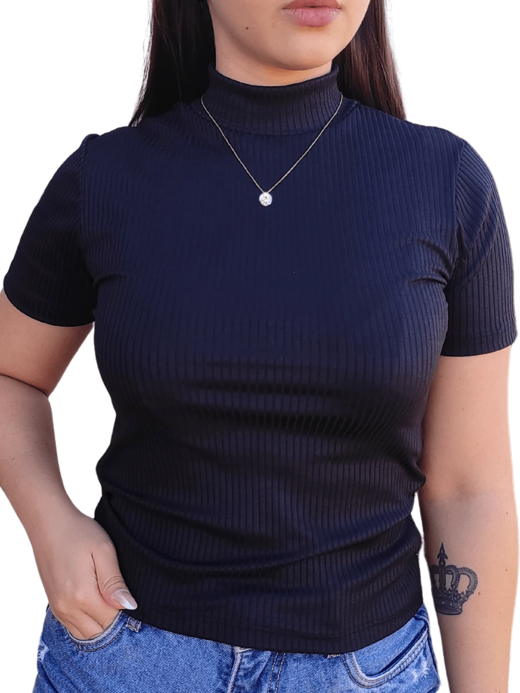 Women's Ribbed Turtleneck Short Sleeve Blouse - 黑色 - 查看 1