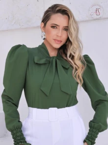 Women's Long Sleeve Blouse Crepe Social Evangelical Fashion Elegant With Puff Bow - 軍綠色 - 查看 2