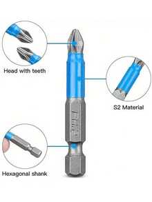 6件套磁性螺丝刀头 - 防滑 PH1 PZ1 PH2 PZ2 PH3 PZ3，50mm长，带齿 - 1/4英寸六角柄单头，适用于电动螺丝刀钻