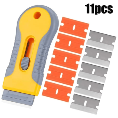 1 Set Of Cleaning Blade Scraper, Glass Scraper Scraper Tool, With 5 Steel And 5 Plastic Extra Blades, Used To Remove Stickers, Paper, Food Residue, Oil Stains, Paint And Glue On Ovens And Windows