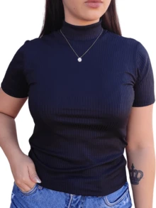 Women's Ribbed Turtleneck Short Sleeve Blouse - 黑色 - 查看 2