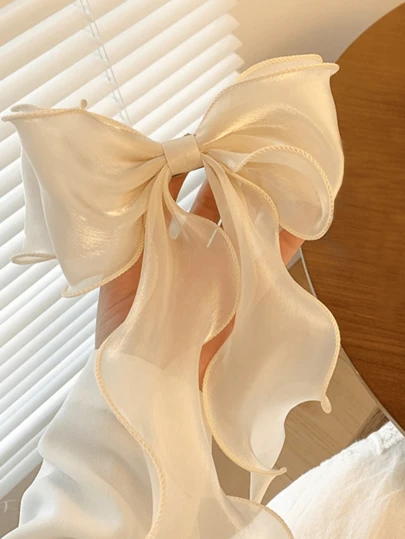 1件女士发饰，米色网纱蝴蝶结发夹，优雅温柔的发饰，适合日常佩戴，时尚单品