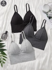 3 UNIDADES Tirantes cortos con escote en V profundo para la espalda bonita de las mujeres en verano, triángulo francés casual y sencillo, ropa interior acanalada, sin aro de acero, sujetador deportivo de unicolor con gran escote en U para un solo conjunto de ropa interior