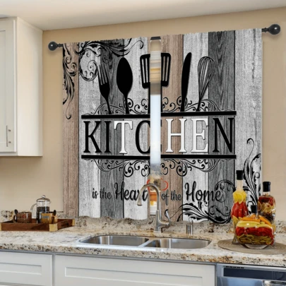 2 piezas Cortinas con estampado de utensilios de cocina, decoración de habitación, decoración de dormitorio, impresión digital, bolsillo para barra, resistente a la decoloración, transparente, adecuado para toda la habitación