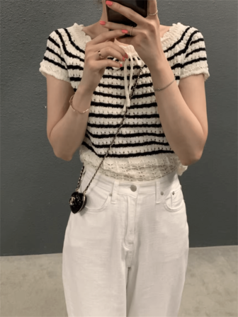 女士轻盈透气条纹短袖针织上衣，学院风，夏季