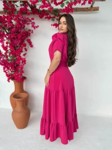 Long Loose Party Dress With Short Sleeves And V-Neckline - 玫紅色 - 查看 2