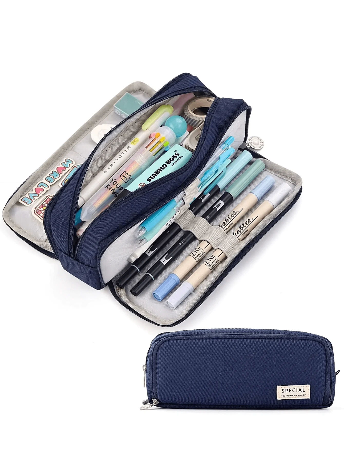 Large Capacity Fabric Pencil Case Layer/Double Sided Pen Bag Pencil Case/School/Office/College - 藏蓝色 - 查看 1