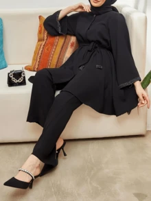 European & Style Solid Color Velvet Band Elegant Turkish Design Women Long Sleeve Kaftan & 3/4 Pants Set With Belt & Scarf (Hijab), Modest