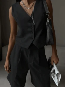 Conjunto de 2 piezas de verano para mujer con chaleco corto con botones y bermudas a juego